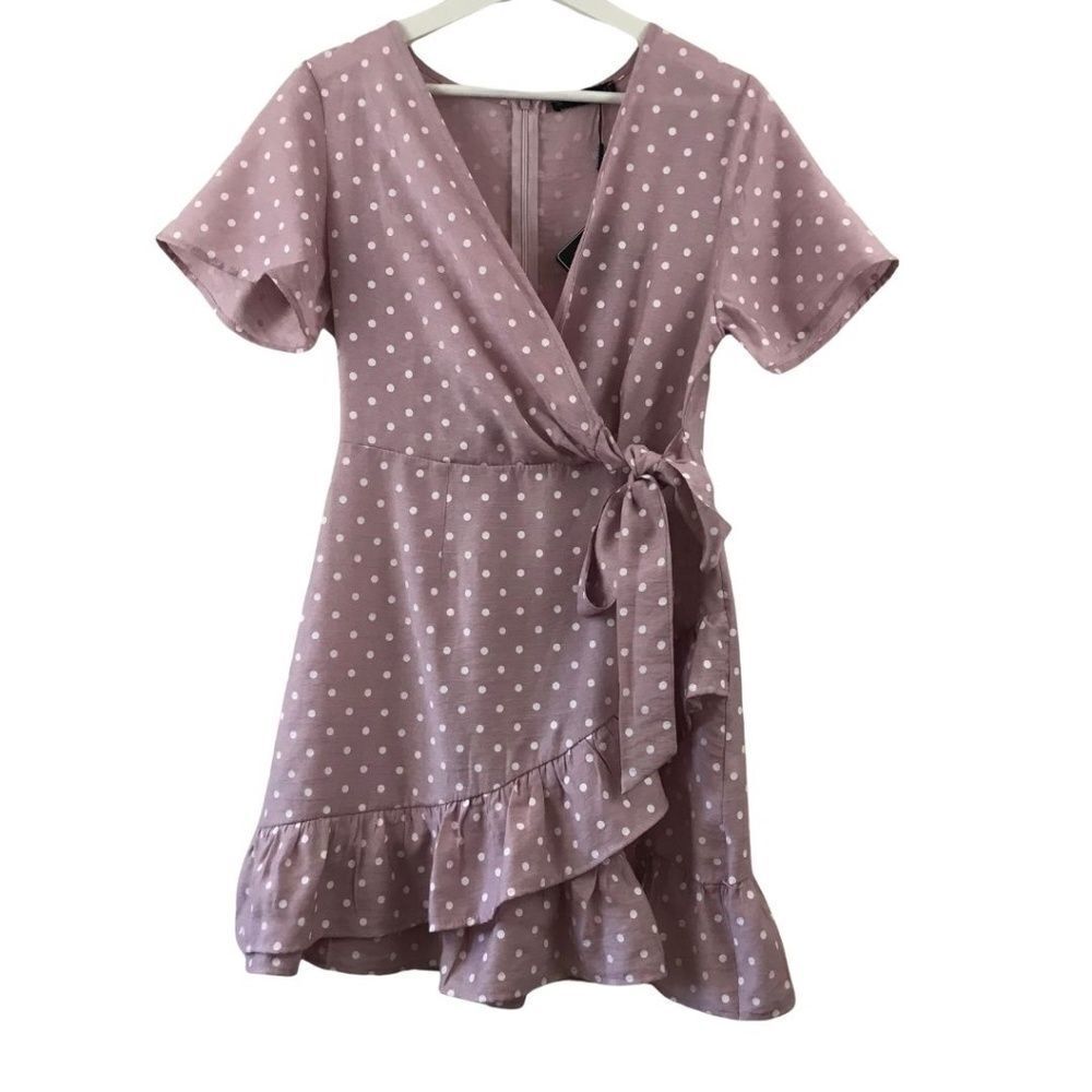 Zaful Women's 6 Ruffled Wrap Mini Dress Mauve Pink Polka Dot Frilly Coquette New